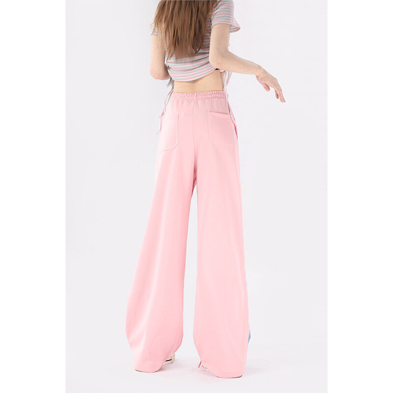 กางเกงลำลองสีชมพูลายกราฟฟิตี้สำหรับผู้หญิงกางเกงไซส์เล็กดอพามีนเอวสูงบางทรงตรงขากว้างฤดูร้อน