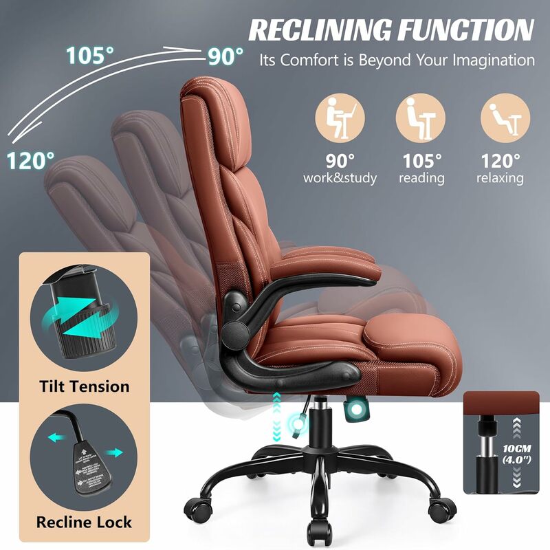 Cadeira de escritório ergonômica, cadeiras grandes e altas para computador, assento de couro ajustável com encosto alto e dobrável