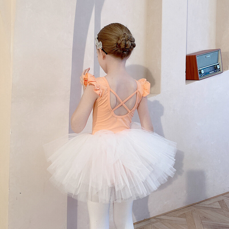 Dzieci profesjonalna trykot baletowy dziewczyna baletowa spódniczka Tutu sukienka gimnastyka body marszczony rękaw balet treningowy kostium spódnice z gazy