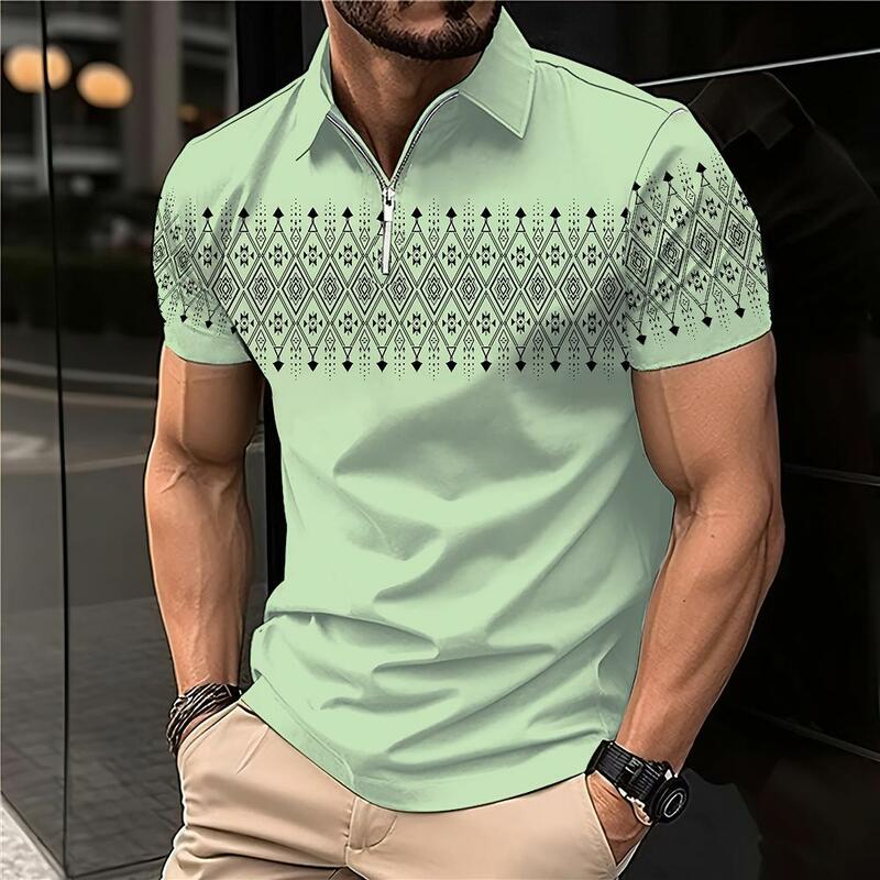 New Men's Zip Polo Shirt Fashion Polo Shirt Casual Street Short Sleeve Tops Summer Zip Polo Business Clothing Large Size Polo