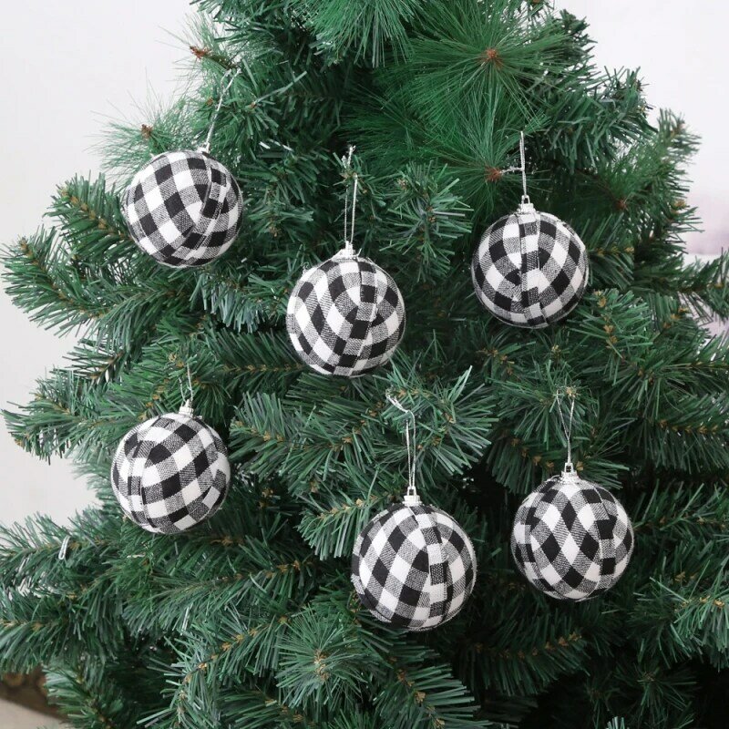 24pcs Christmas Plaid Ball Christmas Tree Ornaments Plaid Fabric Christmas Balls Xmas Hanging Tree Pendants Noel Navidad 2024