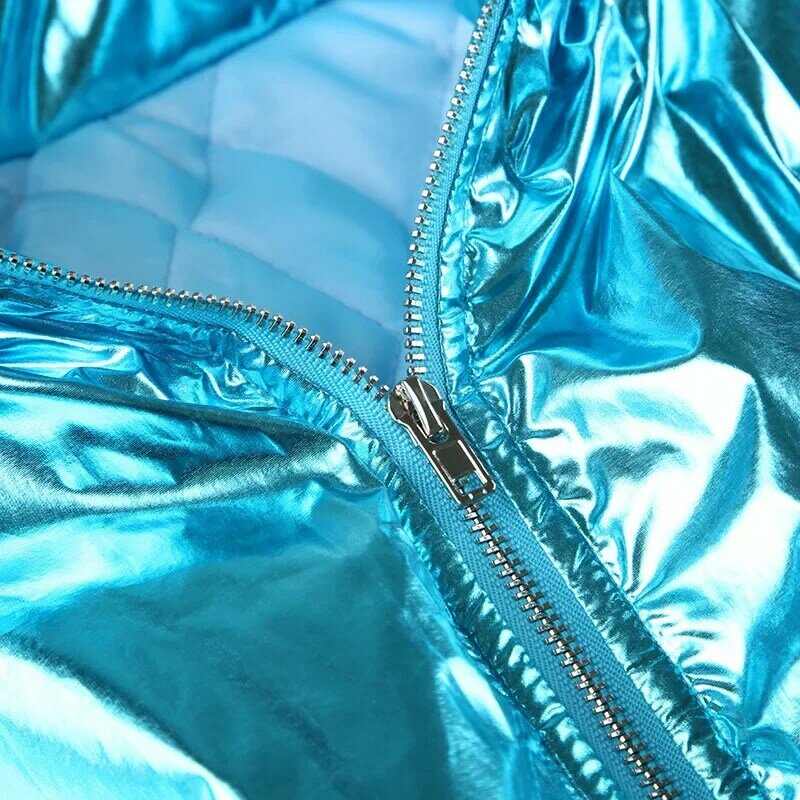 Metallic Blue Color Parkas Motorcycle Style Winter Jackets for Women 2023 Warm Plastic Waist Irregular Zipper Lapel Short Coat