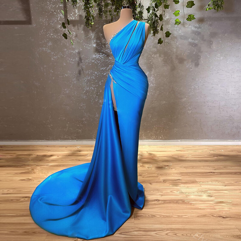 Женское вечернее платье-русалка, синее сексуальное платье с блестками и Боковым Разрезом для выпускного вечера