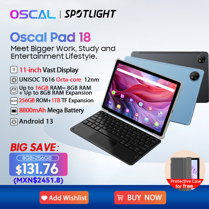 Oscal Pad 18 Tablet, 16GB, 8 GB, 8 GB, 256GB, 11 "FHD + Display, T616 Octa Core, 8800mAh Bateria, Câmera 13MP, 4G LTE, PC, estreia Mundial