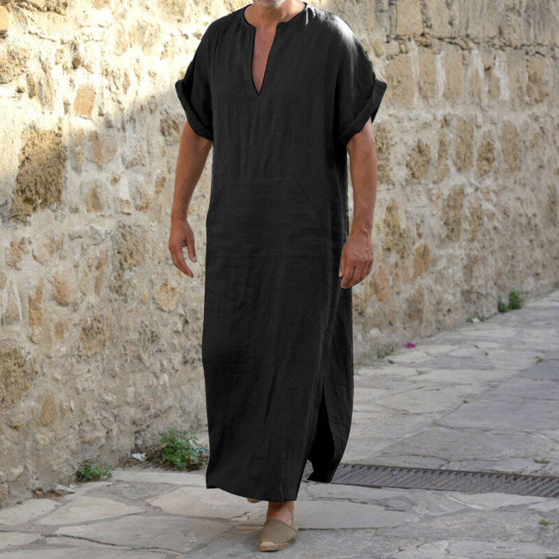 Jubba Thobe caftano da uomo arabo musulmano islamico con scollo a v manica corta in cotone solido abiti in lino moda musulmana Arabia uomo abaya