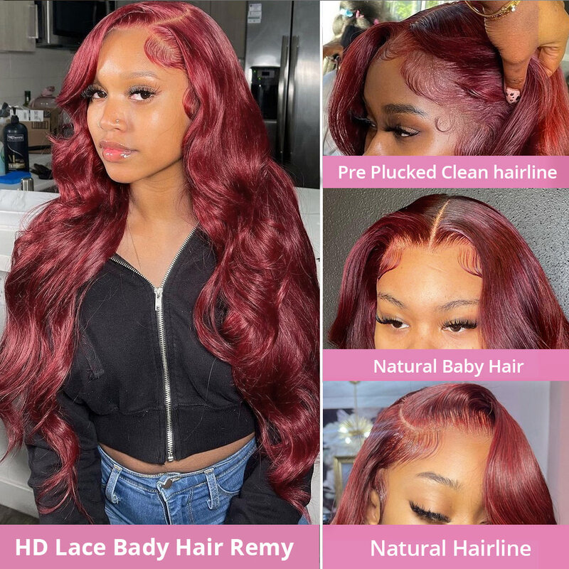 Wiggogo 30 Inch Hd Lace Wig 13X6 Hd Lace Frontal Wig 13X4 Red Lace Front Human Hair Wigs 99J Burgundy Body Wave Lace Front Wigs