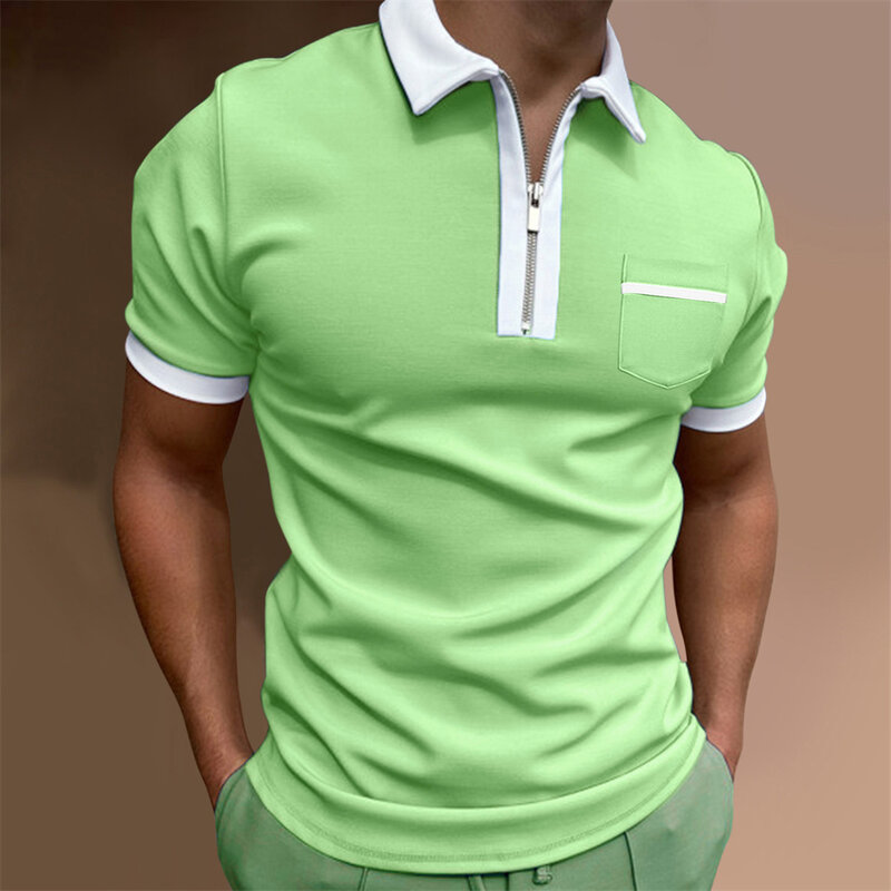 2022 New Fashion Breast Pocket Polo Shirt Men's Summer Polo Lapel Slim Monochrome Zipper Breathable Polo Casual Men's Wear