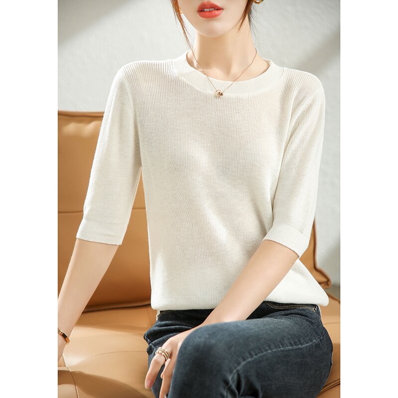 Suéter de punto de manga media que combina con todo, cuello redondo, verano 2022, Simple, Color sólido, manga de cinco puntos