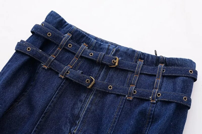 Damskie nowe modne dwuwarstwowy pasek dekoracyjny luźna plisowana dżinsowe spódnica trzy czwarte w stylu Vintage z wysokim stanem damskie spódnice Mujer