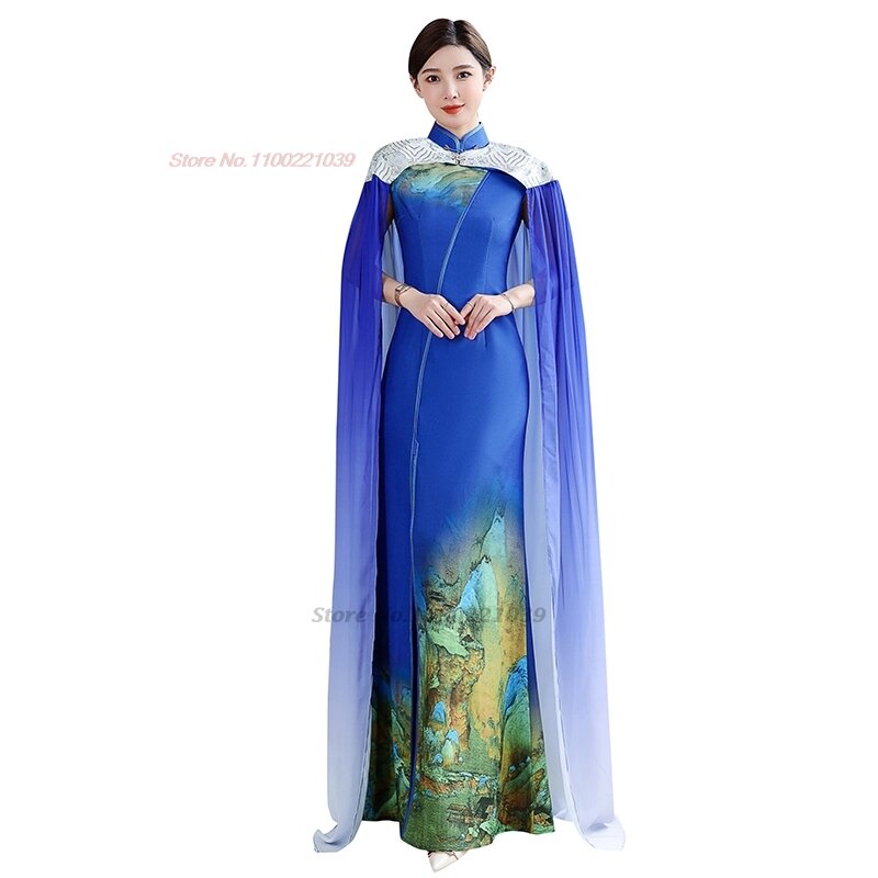 2024 traditionelles chinesisches Vintage-Kleid verbessert Cheong sam National Blumen druck mit Umhang Kleid Bankett Abendkleid Qipao