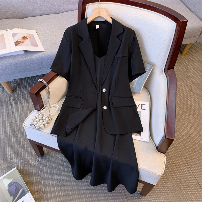 Solid Color Oversized Suit Set 2023 Summer New Women's Blazer Jacket Sling Dress Temperament Loose Fashion Simple Commuter Sets