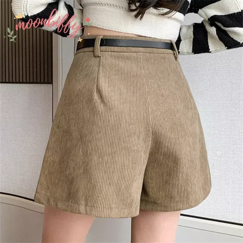 Autumn Winter Corduroy Pleated Women's Shorts with Belted Fashion High Waist Classic A-Line Short Trousers Female