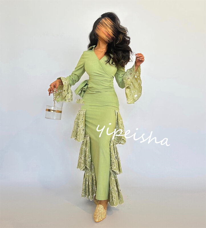 فستان حفلة موسيقية بكشكشة بطيات ، فساتين متوسطة الطول برقبة على شكل حرف V ، قميص عربي سعودي ، فستان مناسبة مخصص