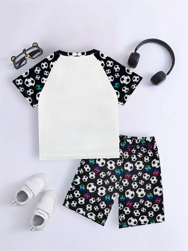2 pezzi ragazzi moda Cool Casual Loungewear pigiama Set calcio modello stampa manica corta Pullover Top + pantaloncini Set
