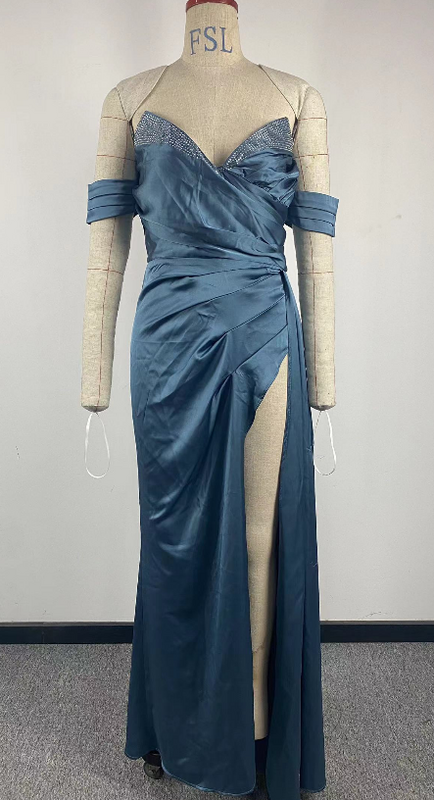 Vestido de noche de satén con cuentas y hombros descubiertos para mujer, traje Sexy de sirena con abertura en V, plisado, Espalda descubierta, color gris y azul