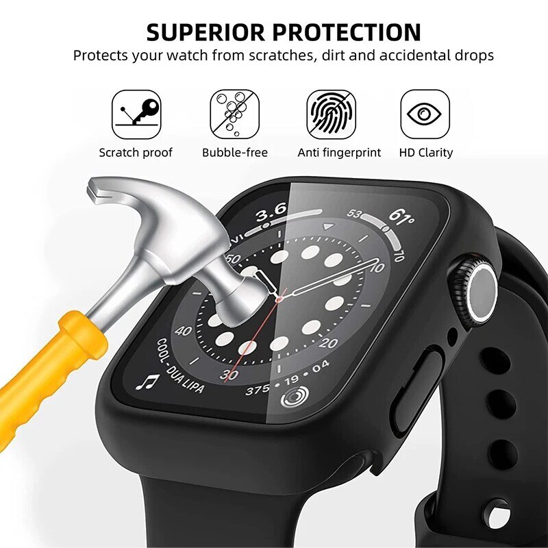 Protector de pantalla de cristal templado y funda para Apple Watch, accesorios de 45mm, 41mm, 44mm, 40mm, 42mm, serie 9, 4, 5, 6, SE, 7, 8