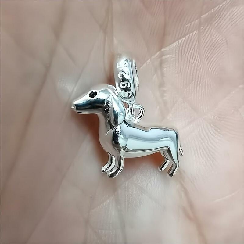 925 Sterling Silver Dachshund Dog Dangle Charme, Se Encaixa Pulseiras Pandora Originais, Jóias, Berloque