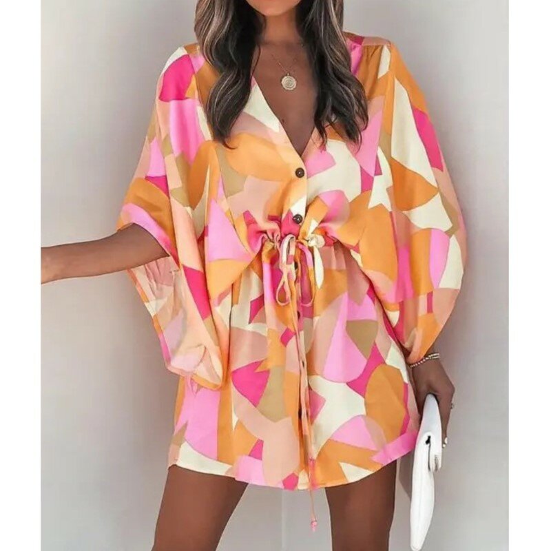 Women's Summer Flying Sleeves Sexy V-neck Lace Up Print Beach Dress 2024 Ladies Quarter Sleeve Loose Button Mini Dress Vestidos