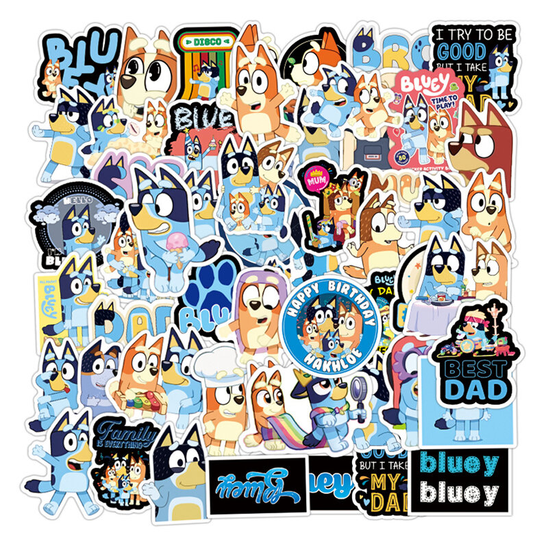 Autocollants de dessin animé Bluey et Bingo pour enfants, autocollants de famille Anime, bagages en PVC bricolage, autocollants pour cahier, jouets pour enfants, cadeau, sac de 50 pièces