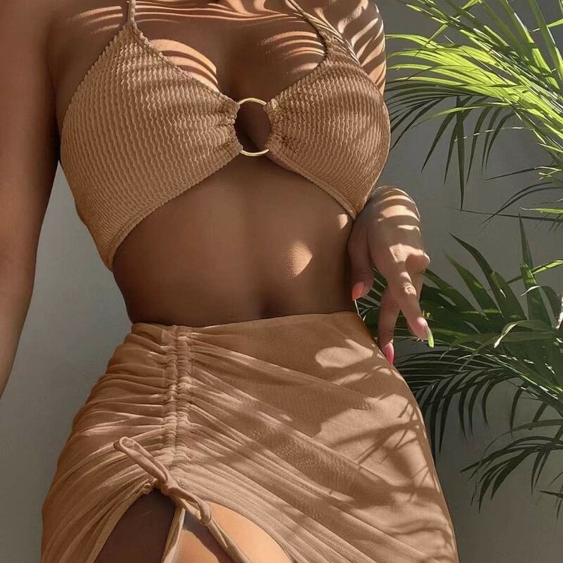 Neues hochela tisches Bikini-Set für Sommer dreiteilige einfarbige Schnürung sexy Frauen Badeanzug Strand Badeanzug Bade bekleidung