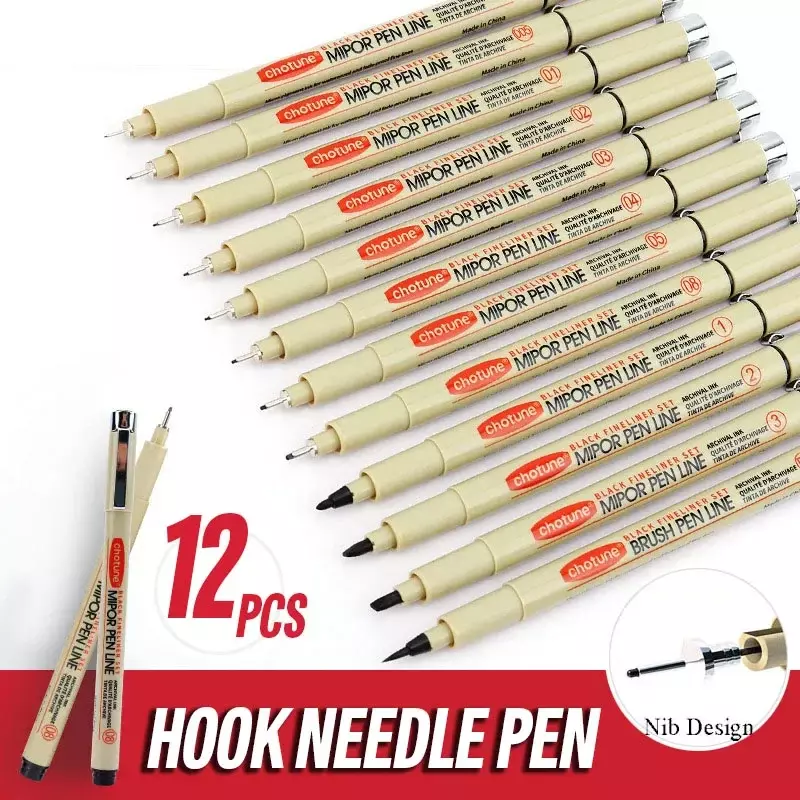 3/12Pcs Pigment Liner Micron Pen Marker Hook Line Needle Pen for Drawing Sketch Ink Soft Brush Pen Stationery Art Supplies