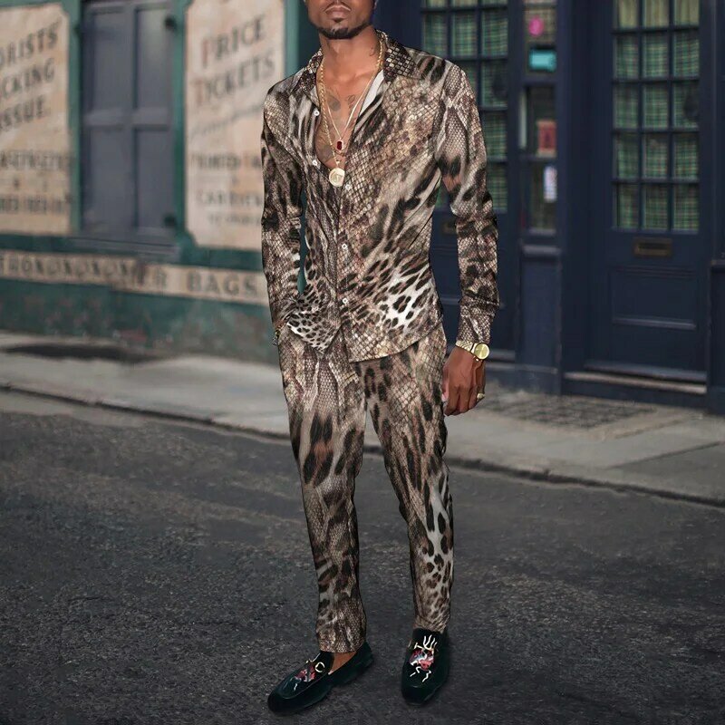 Новинка весна-осень 2024, мужской костюм с рубашкой, брюки с длинным рукавом, комплект из 2 предметов, модная уличная одежда в стиле Харадзюку и ретро с леопардовым принтом в стиле хип-хоп