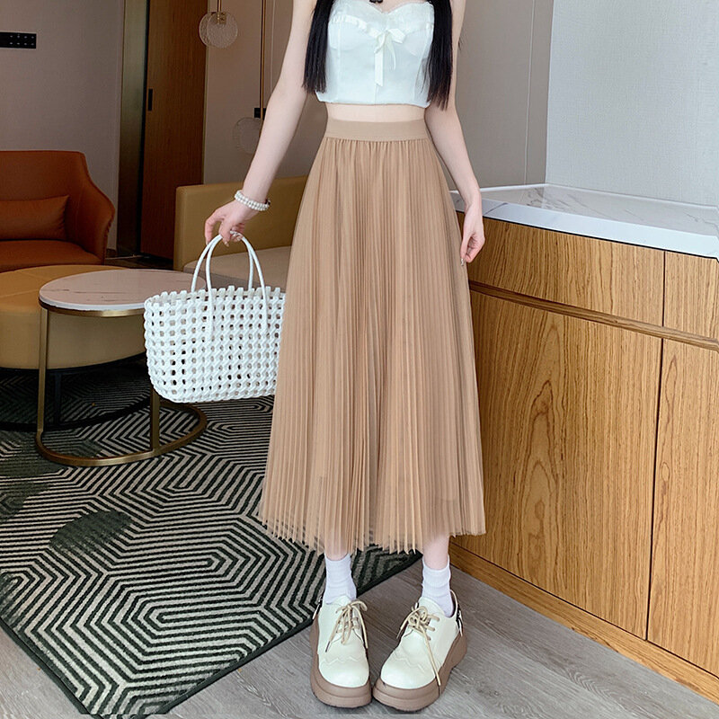 Women Solid High Waisted Skirt Many Colors Mesh Tulle A-line Midi Skirt With Lining for Spring Summer
