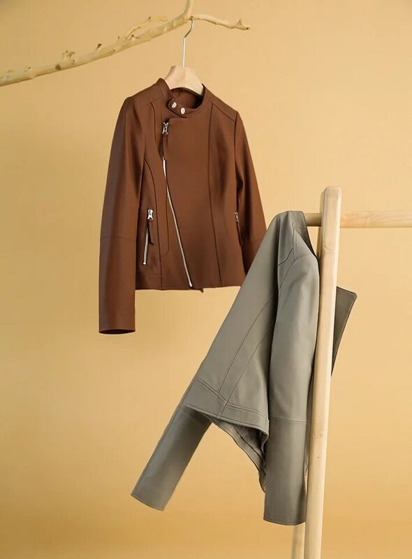 Jaket kulit wanita, jaket kulit asli kerah berdiri baru, mantel Slim Fit Mode Musim Semi dan Gugur