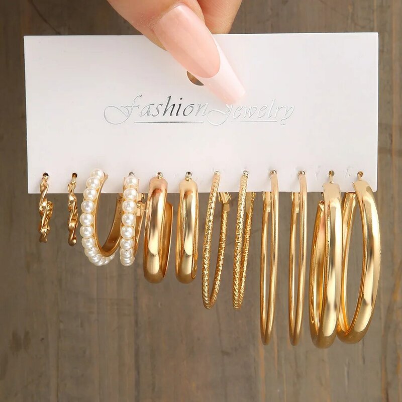 LATS Boho Großen Kreis Hoop Ohrring Set für Frauen Gold Farbe Böhmen Vintage Perle Platz Ohrring Herz Zirkon Ohr Studs schmuck
