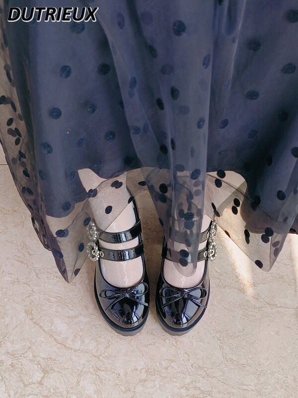 รองเท้าผู้หญิงสไตล์หวานสไตล์ญี่ปุ่นส้นตึกย้อนยุครองเท้าผู้หญิงติดพลอยเทียมน่ารัก Jane Lolita สีดำเข้ากันได้กับทุกชุด