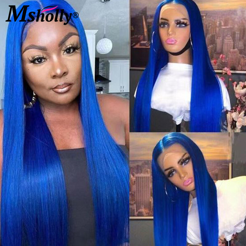 Peluca de cabello humano liso con encaje Frontal para mujer, pelo Remy brasileño, color azul marino, HD, 13x4