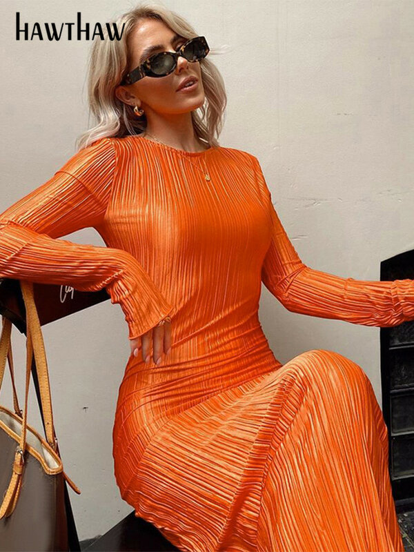 Hawthaw Frauen Mode Streetwear Langarm Bodycon Orange Midi Kleid 2022 Herbst Kleidung Großhandel Artikel Für Business