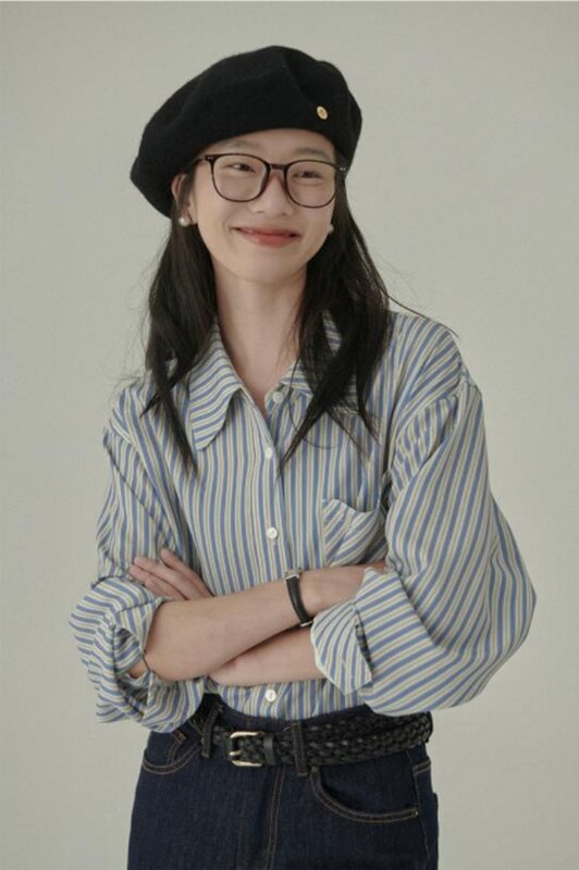เสื้อเชิ้ต MODE Korea แขนยาวลายทางสำหรับผู้หญิงเสื้อผ้าลำลองทรงหลวม2024ฤดูใบไม้ผลิ