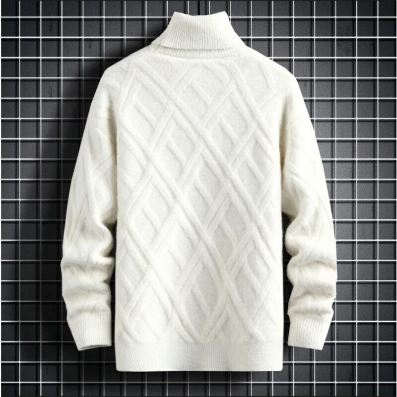 Zagęszczony ciepły sweter na szyję/wysokiej jakości męski zimowy jednolity kolor Slim Casual jednokolorowy diamentowy czek dziergany sweter