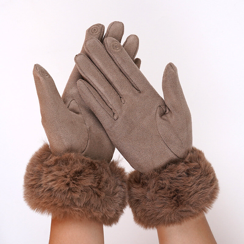 New Women Winter Keep Warm Touch Screen Suede Fabric Female Plush Wrist Not Bloated Elegant Solid Soft Cycling Drive Gloves