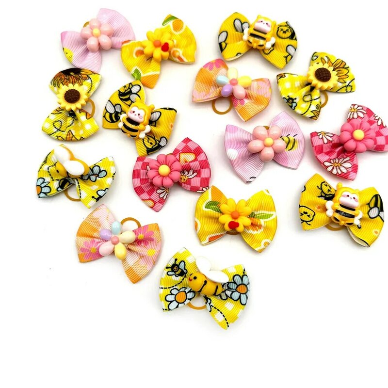 100pcs Handmade Pet Dog Hair Bows Bee Pattern Spring Summer Style Ribbon Dog Bow Dogs Grooming Bow Accessories Pet Hair Supplies