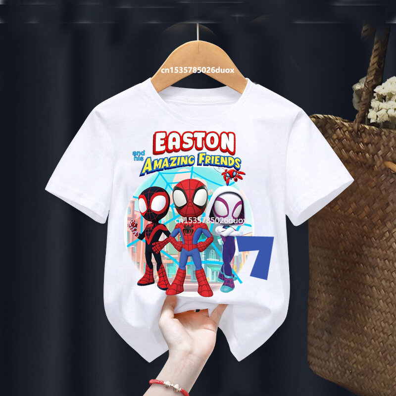 Homem-aranha personalizar nome t-shirt, camisa de manga curta, festa de aniversário, camiseta menino, aranha e seus amigos incríveis, verão