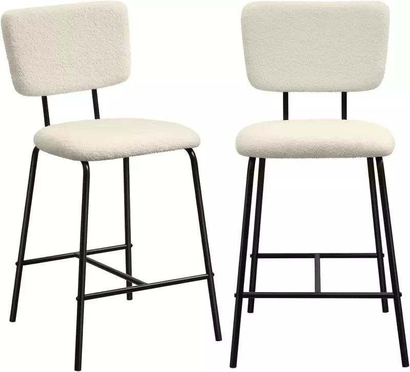 Set of 2 Counter Height Bar Stools : Modern White Upholstered Boucle Fabric Bar Stool for Kitchen Bistro Pub Armless