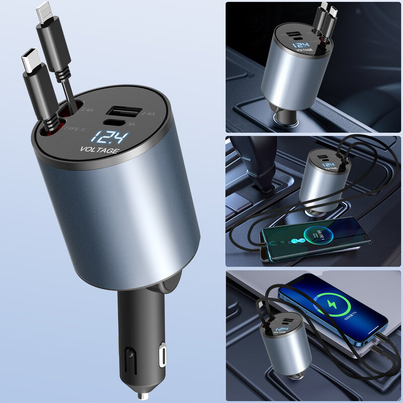 Nieuwe Aankomst 4 In 1 Flexibele Intrekbare Auto Snelle Oplader Voor Apple Usb Type C Super Snelle Oplader Sigarettenaansteker Adapter