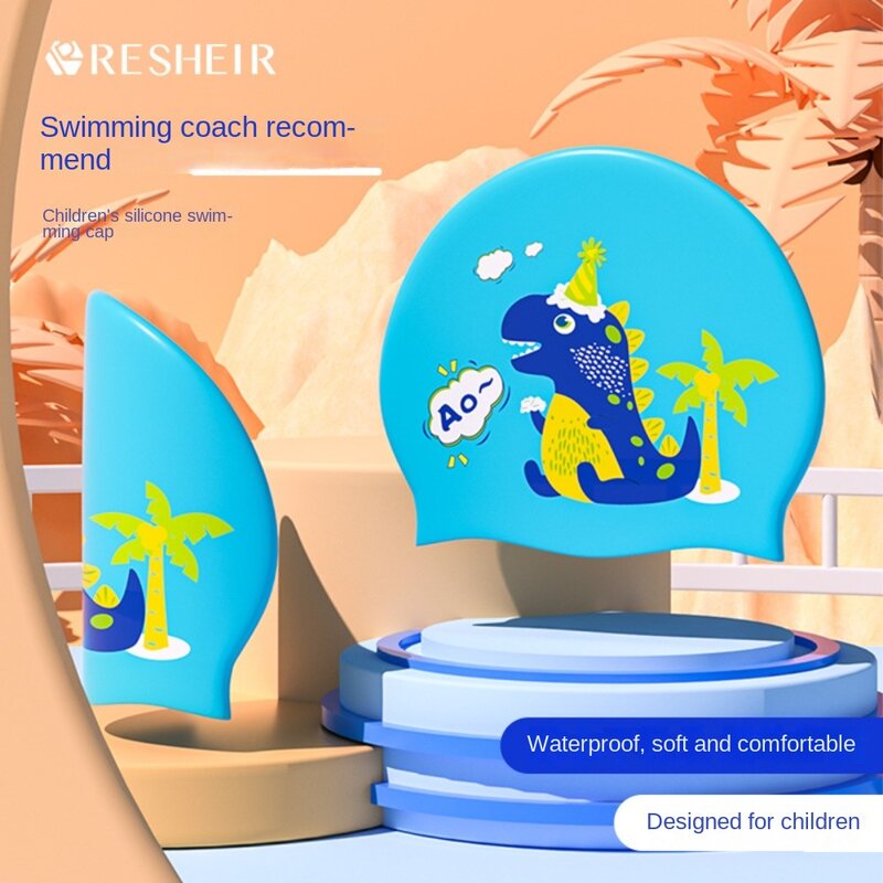 Cuffia da nuoto per bambini di dimensioni libere cappello da immersione impermeabile in Silicone flessibile protezione per le orecchie modello dinosauro copertura per cappello da piscina per bambini