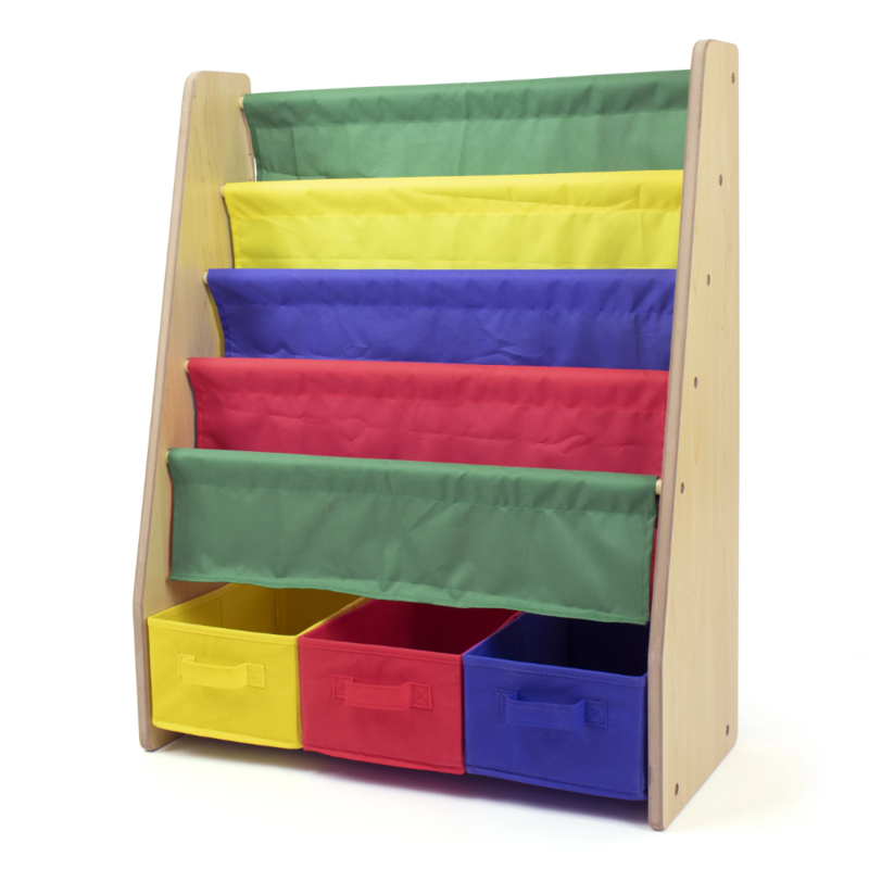 Bibliothèque pour enfants avec 4 étagères et 3 bacs en tissu, bois naturel/primaire