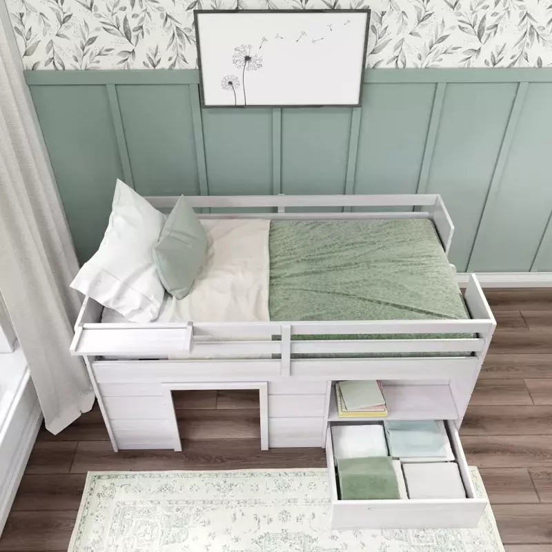 Max & Lily-cama de Loft baja de madera maciza con cajón de almacenamiento y escalera, cama de Loft de granja moderna para niños, W, tamaño doble