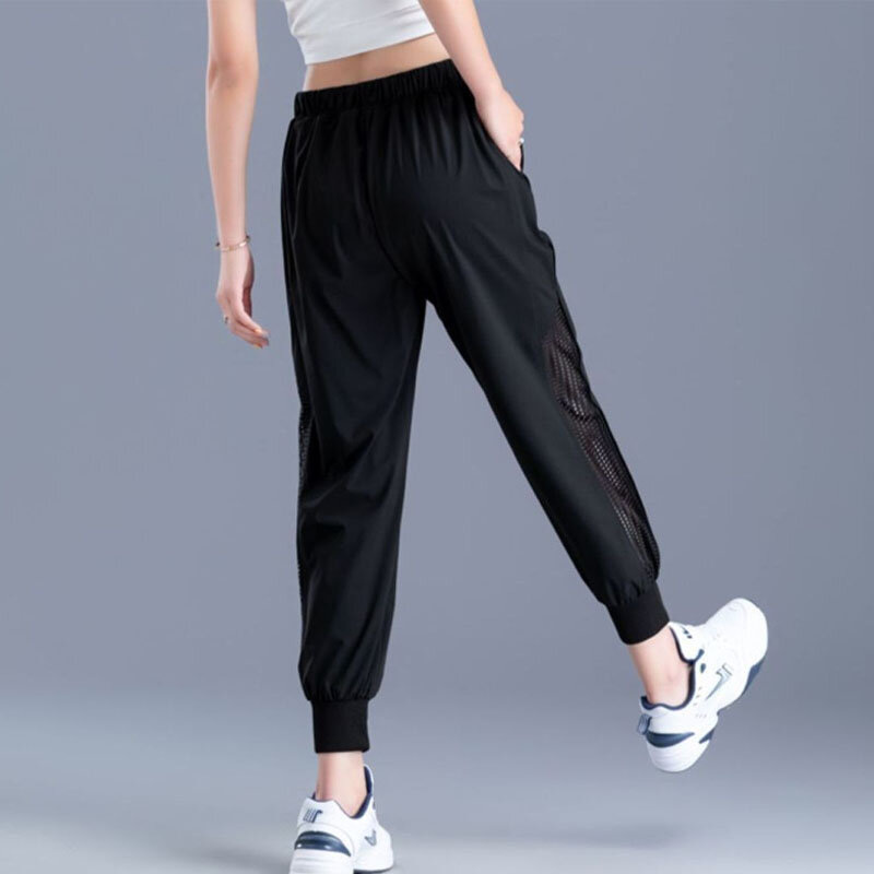 Celana olahraga wanita, pakaian wanita musim panas, celana crop Hollow Out kasual sederhana tali serut elastis mode warna polos