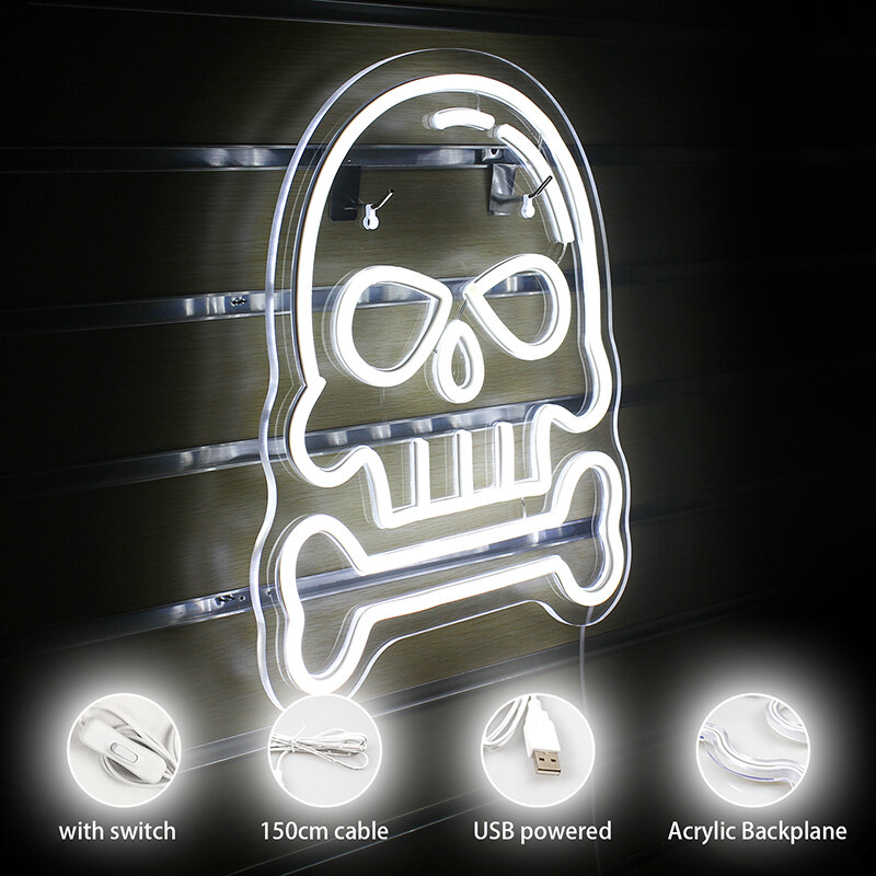 USB Powered LED Neon Sign Lights, Design do crânio Logotipo, Lâmpada de parede para festa, Bar, clube, Gamer Room Decor, Luz noturna suspensa