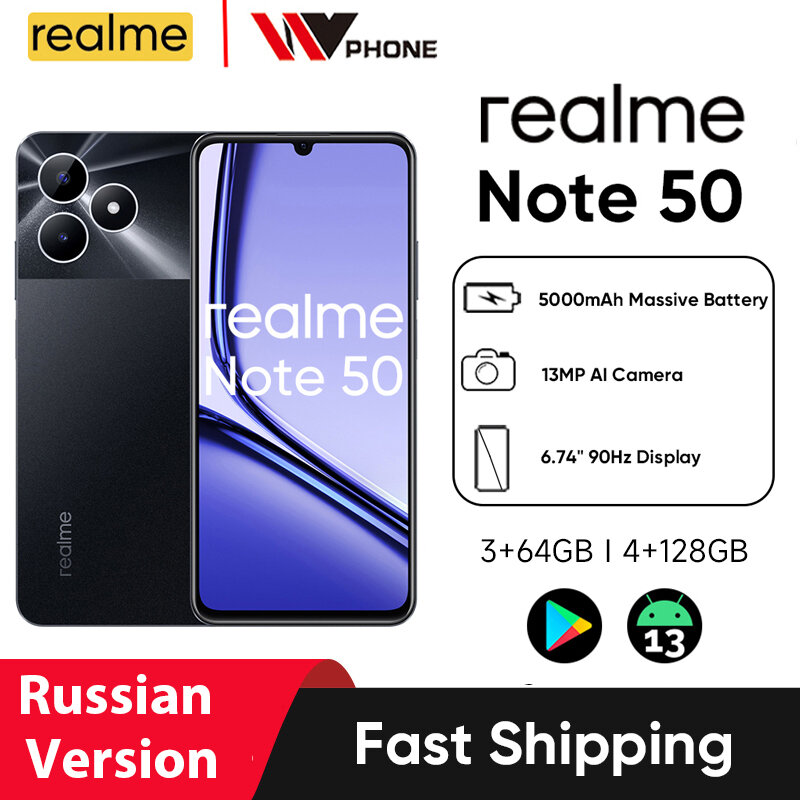 Realme Note 50 6,74 ''90 Hz Duży wyświetlacz 13 MP Kamera AI IP54 Wodoodporna 5000 mAh Szybkie ładowanie Mocny 8-rdzeniowy chipset Nowy