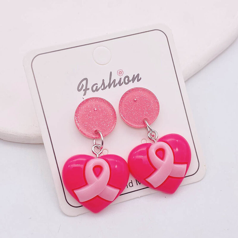 1 pasang anting-anting menjuntai motif pedal pita hati merah muda hadiah perhiasan telinga untuk wanita grosir kesadaran payudara