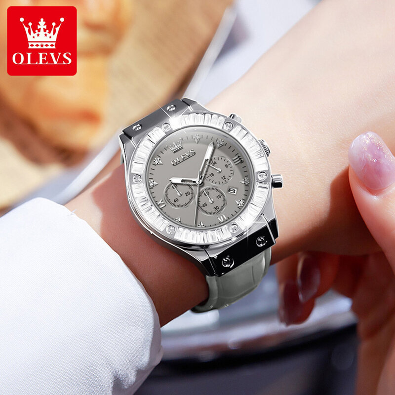 Olevs Marke Mode Chronograph Quarzuhr für Frauen Leder armband wasserdicht leuchtenden Kalender Luxus Kristall uhren Damen