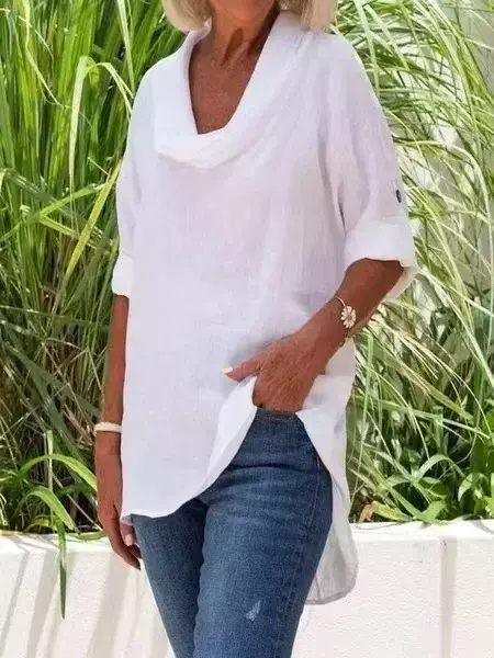 Camisa de lino y algodón para mujer, blusa holgada de manga larga con cuello de lazo blanco, ropa informal elegante para Primavera, 2024