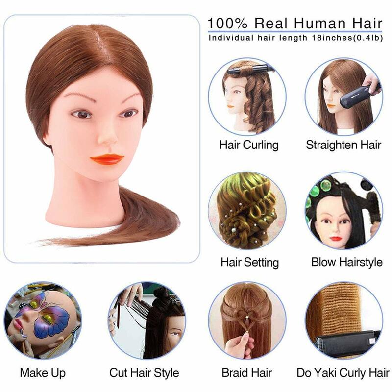 Tête de mannequin brun foncé pour curling et lissage, kit de tête d'entraînement, embauet tressage, coiffure et beurre, 100% vrais cheveux