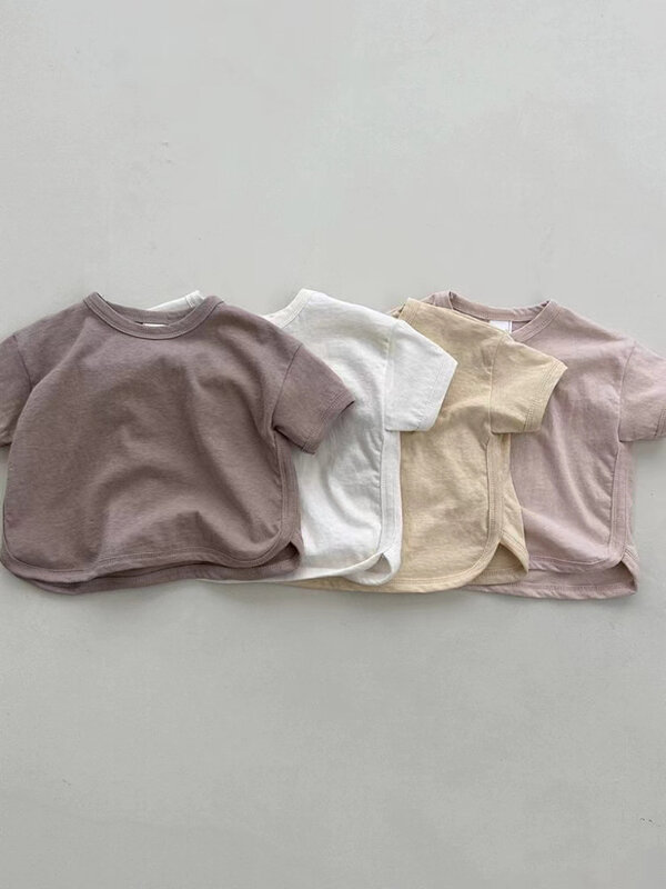Camiseta de algodão de manga curta para bebê menino e menina, roupa respirável e casual, versátil, cor sólida, verão